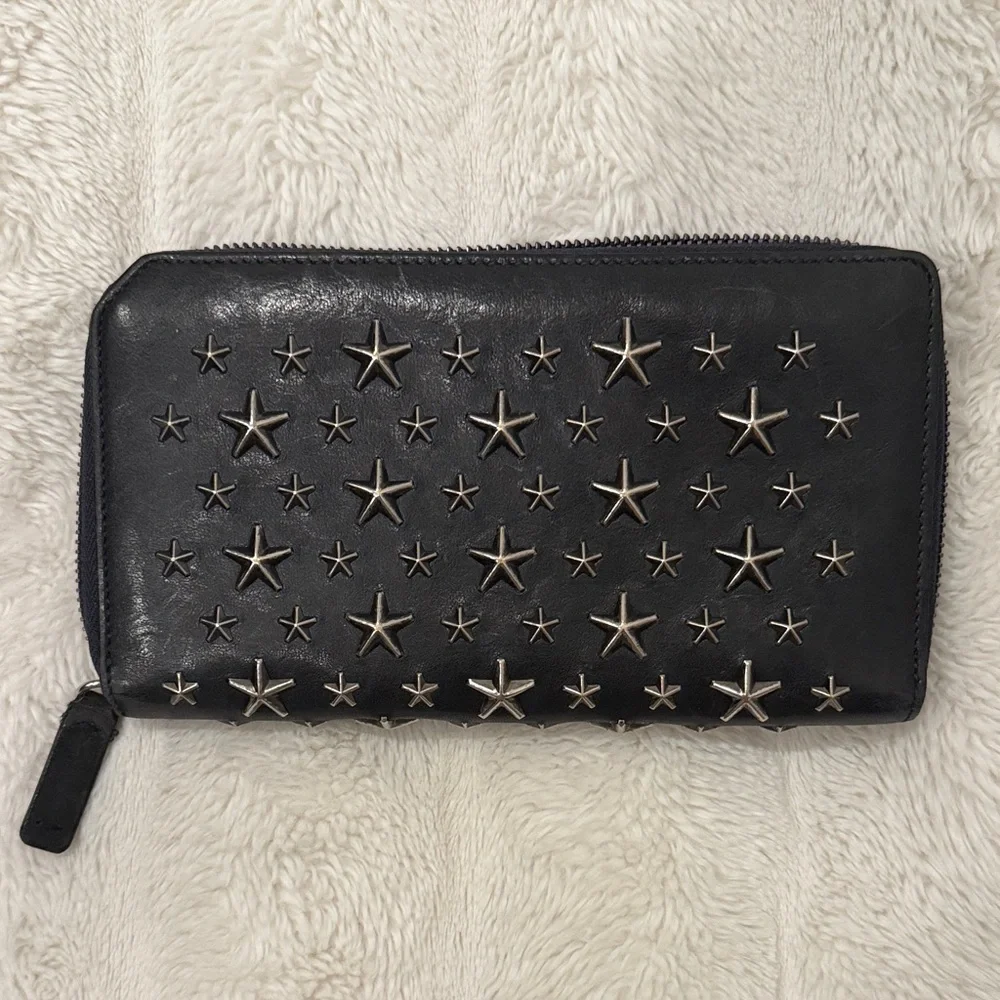Jimmy Choo Navy Zippy Wallet with Silver Star Studs